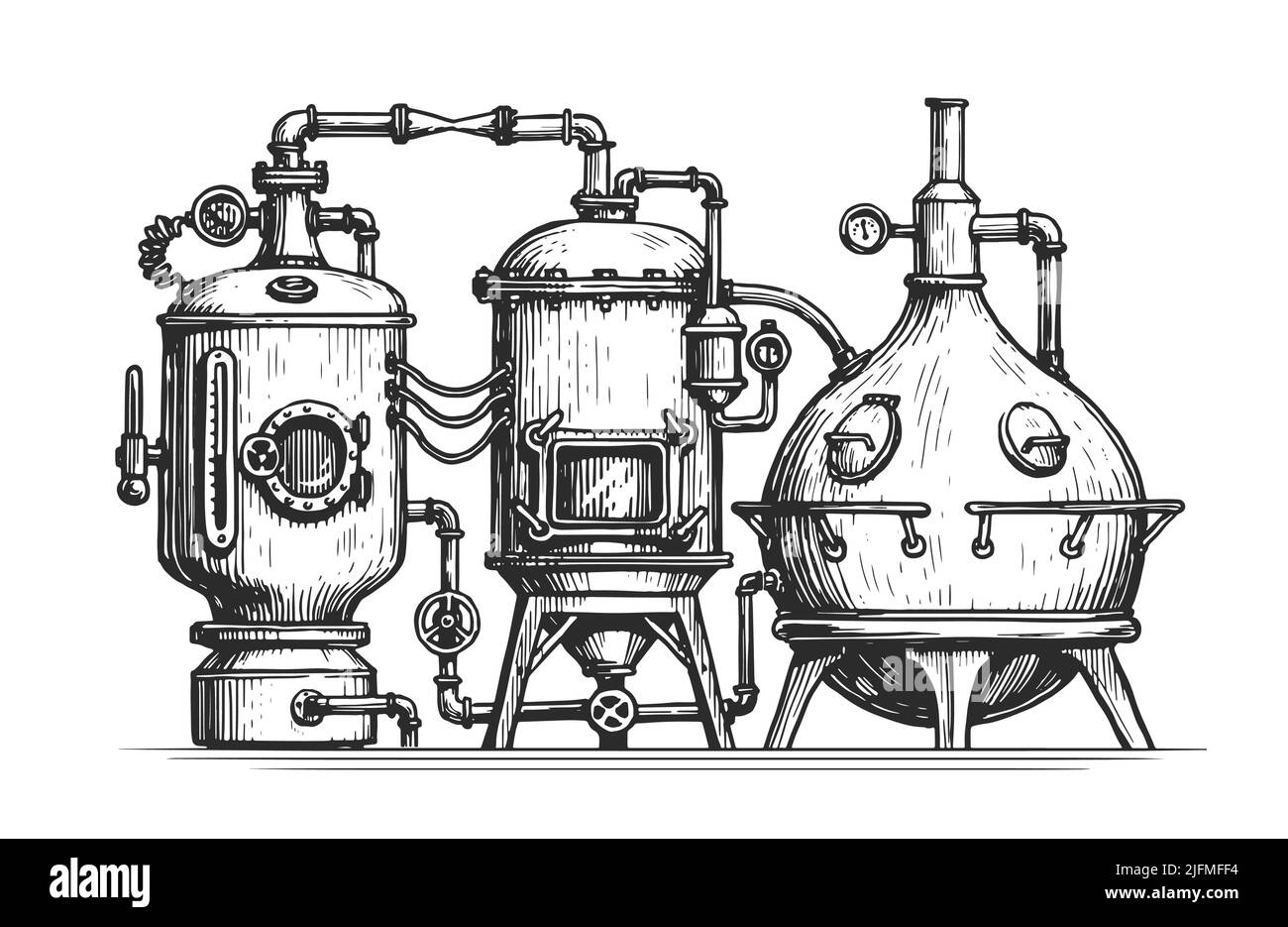 Industrieanlagen aus Kupfertanks zur Destillation von Alkohol. Destillerie, Destillation Vintage Vektor Stock Vektor