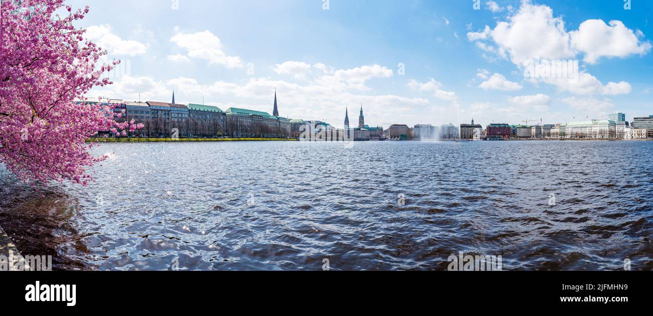 Panoramablick auf die Binnenalster in Hamburg und das Stadtbild am sonnigen Frühlingstag Stockfoto