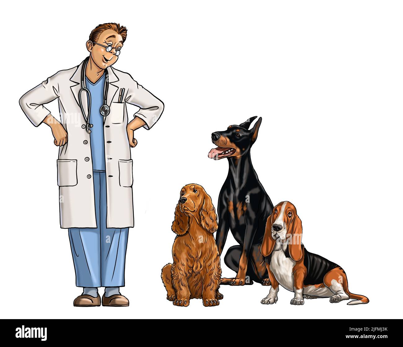 Freundlicher Tierarzt und seine Patienten. Tierarzt mit Hunden Illustration. Stockfoto