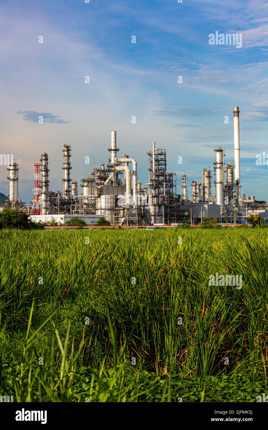 Szenenabend des Turms der Tanköl-Raffinerie und der Säule des Tanköls der Petrochemie-Industrie auf dem Rasen Stockfoto