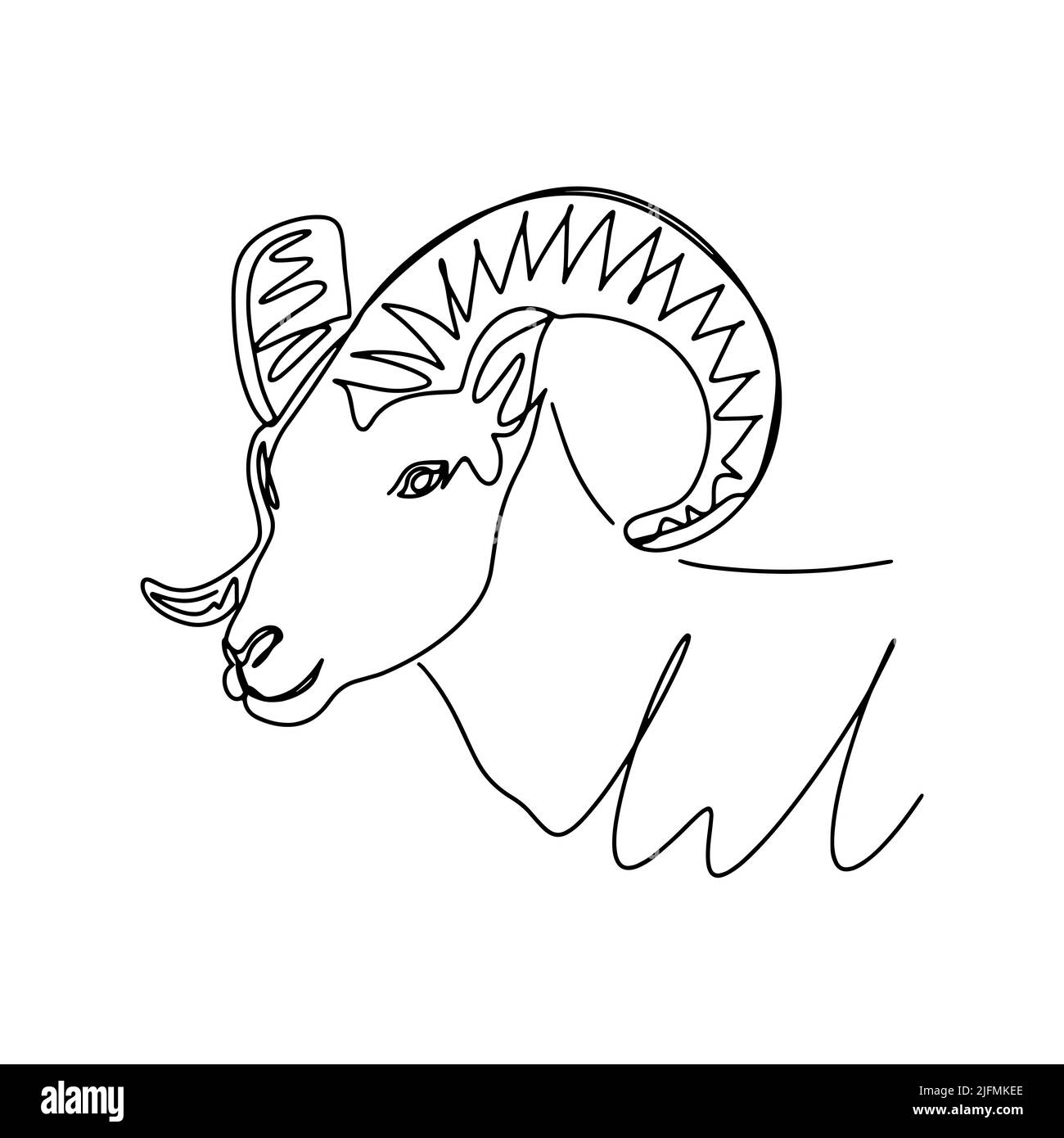 RAM Line Art isolierte Vektordarstellung. Silhouette Kopf der gehörnten Tier. Schwarzes Schaf-Symbol auf weißem Hintergrund Stock Vektor