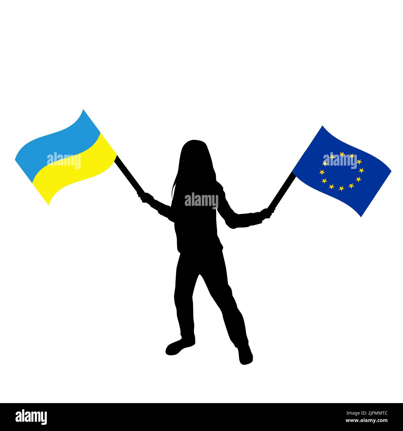 Konzept der Ukraine und der Europäischen Union, bei dem Mädchen die Flagge der Ukraine und der Europäischen Union hält Stock Vektor