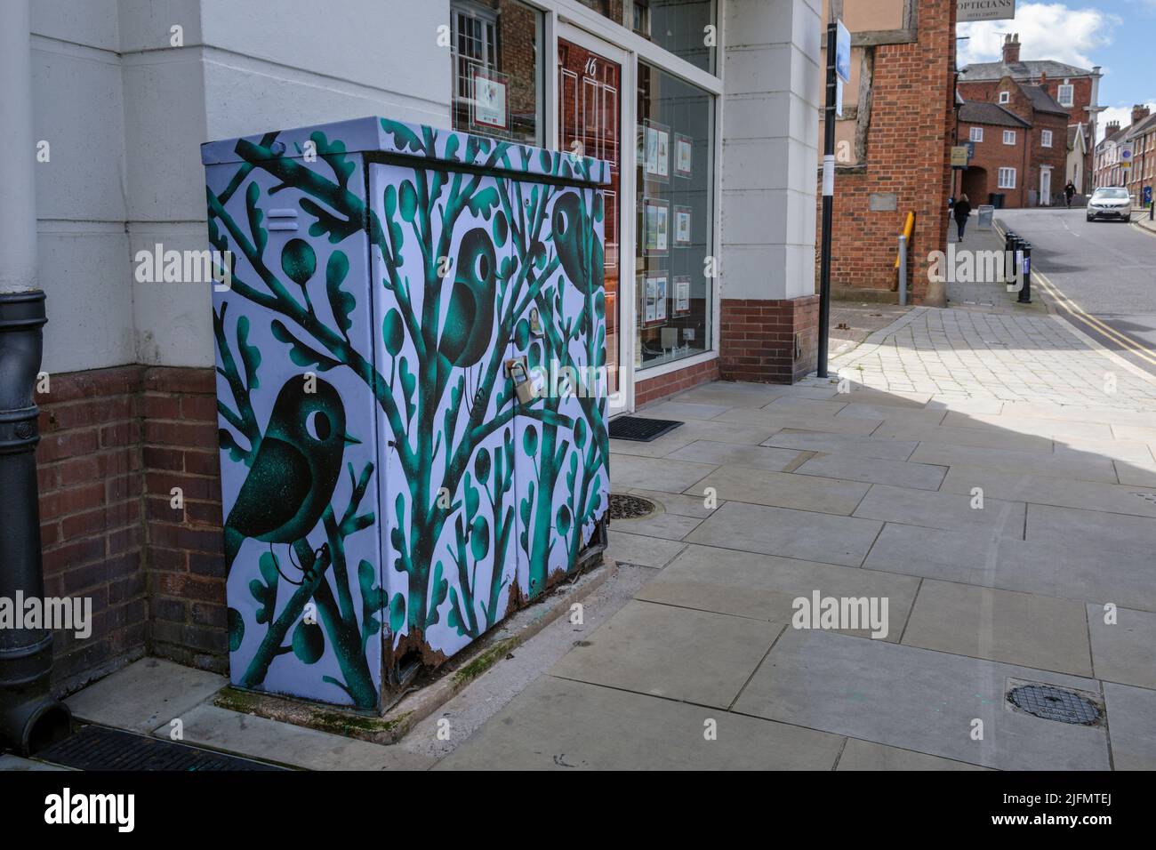 Wandbild auf BT-Utility-Box, Shoplatch, Shrewsbury, Shropshire Stockfoto