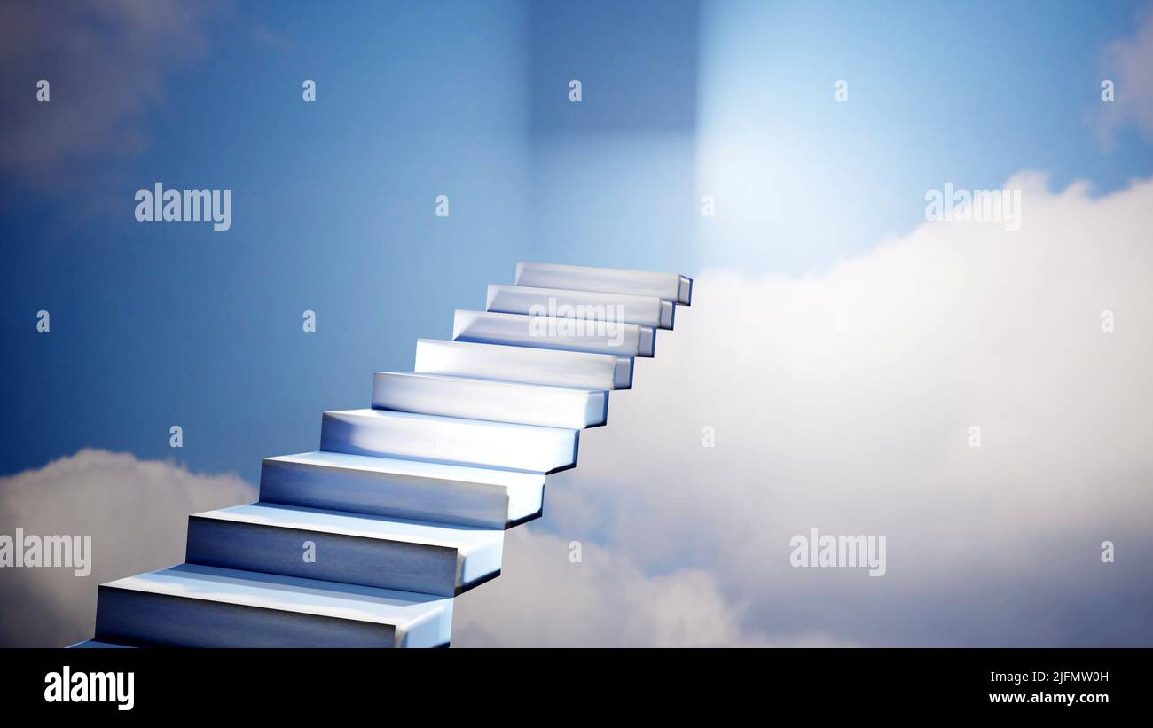 Treppen zum Himmel. Treppe in den Himmel. Religiöser Hintergrund oder Erfolgskonzept. 3D Darstellung rendern. Stockfoto