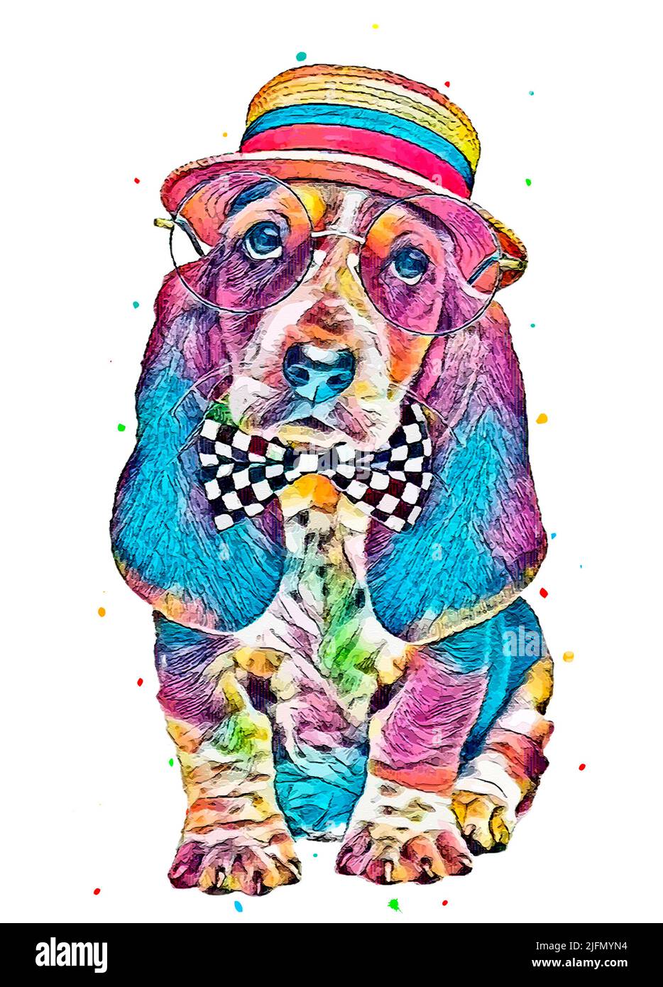 Eine lustige Illustration Porträt von bunten traurig Basset Hund mit bunten Hut Stockfoto