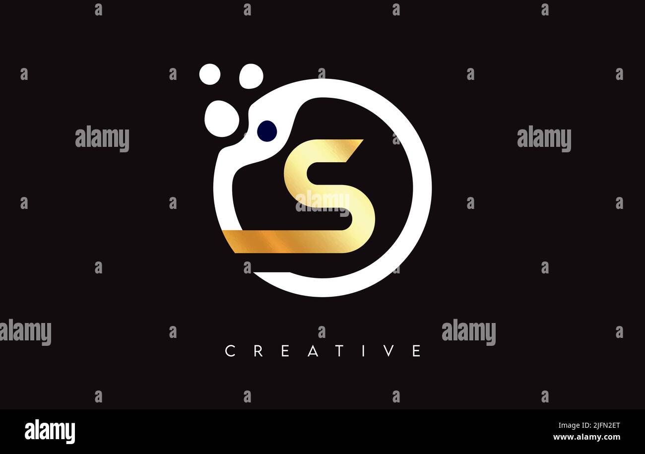 Goldener Buchstabe S Logo Icon Design mit Punkten und Blasen innerhalb einer kreisförmigen Form in Goldfarben Vektor-Illustration. Stock Vektor