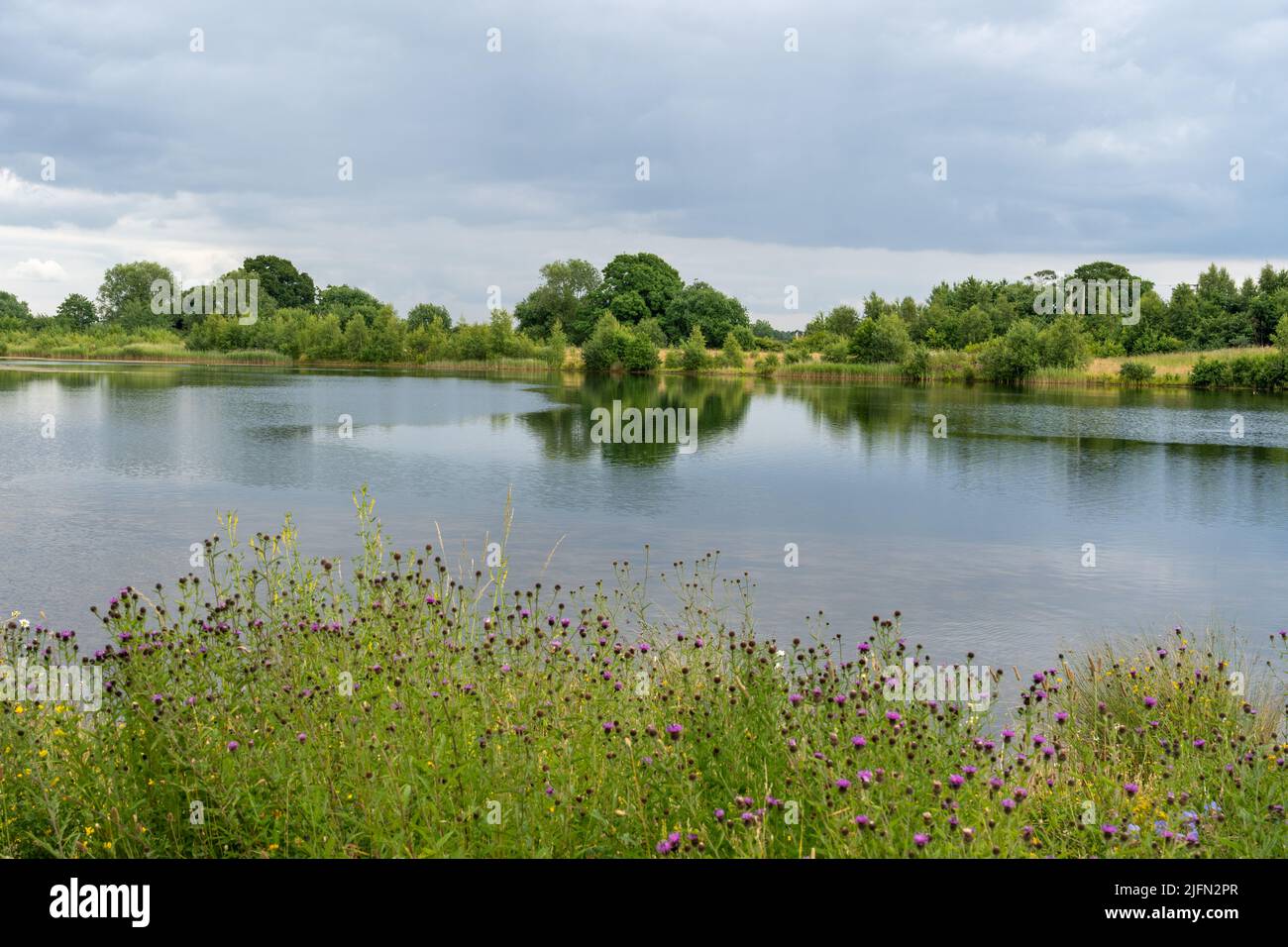 Ein Blick auf den Campus East Lake in Heslington East an der University of York - ein Wassermanagementsee in York, Yorkshire, Großbritannien Stockfoto