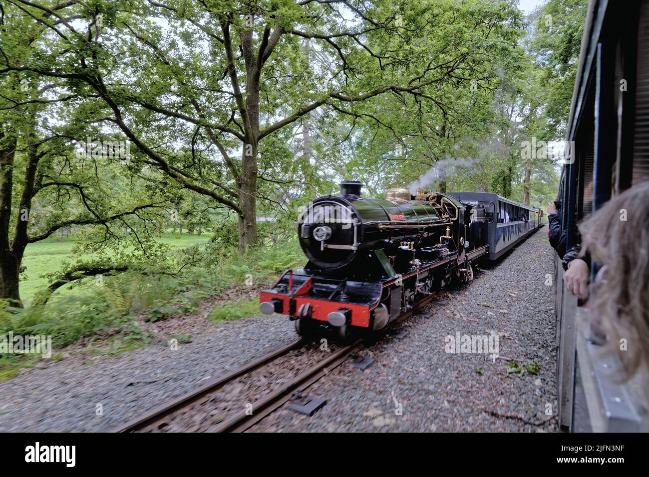 Eine Dampfeisenbahn der Ravenglass und Eskdale Heritage Railway, die an einem Sommertag durch die Landschaft von Eskdale führt, Cumbria England Stockfoto