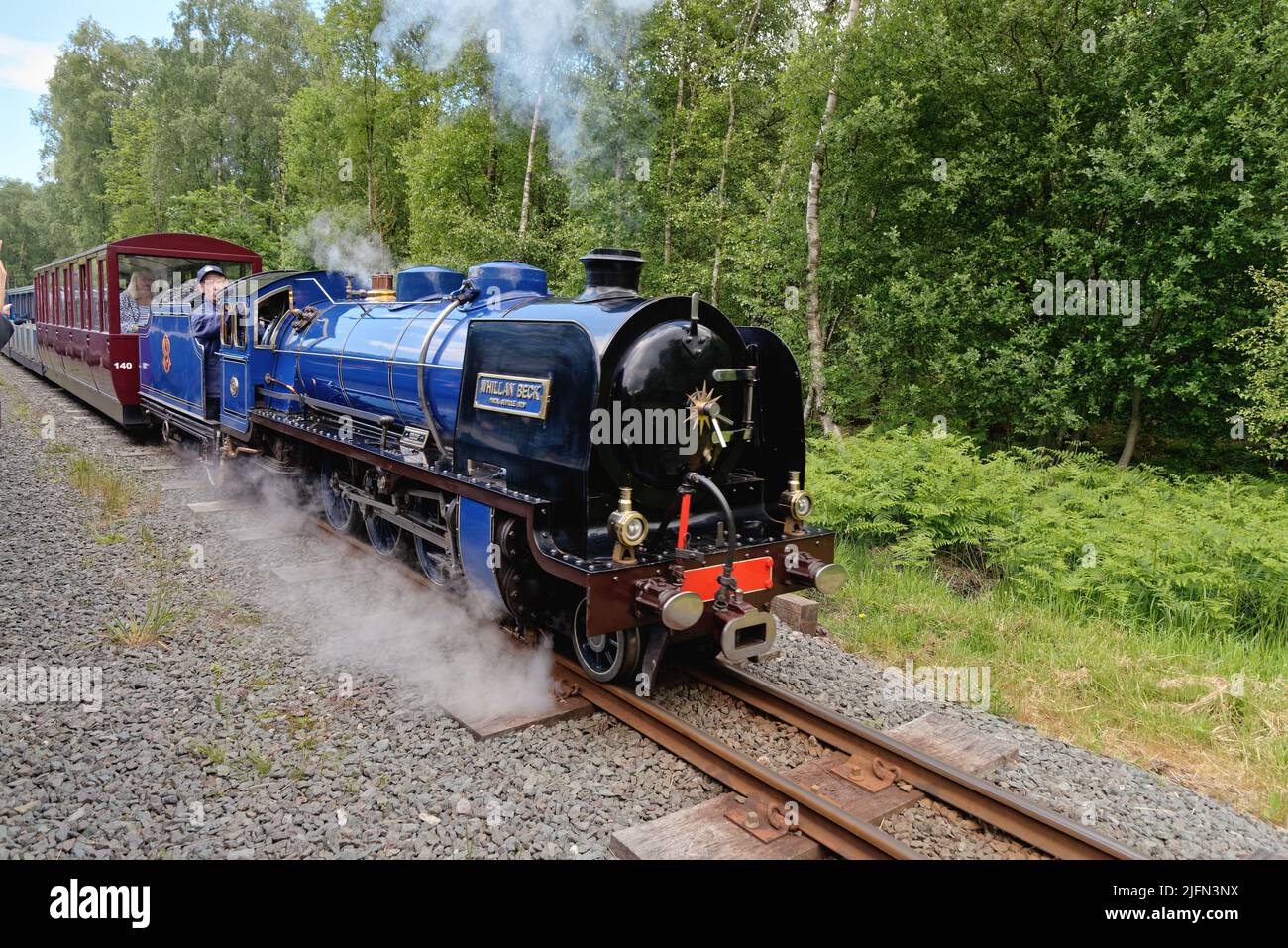 Eine Dampfeisenbahn der Ravenglass und Eskdale Heritage Railway, die an einem Sommertag durch die Landschaft von Eskdale führt, Cumbria England Stockfoto