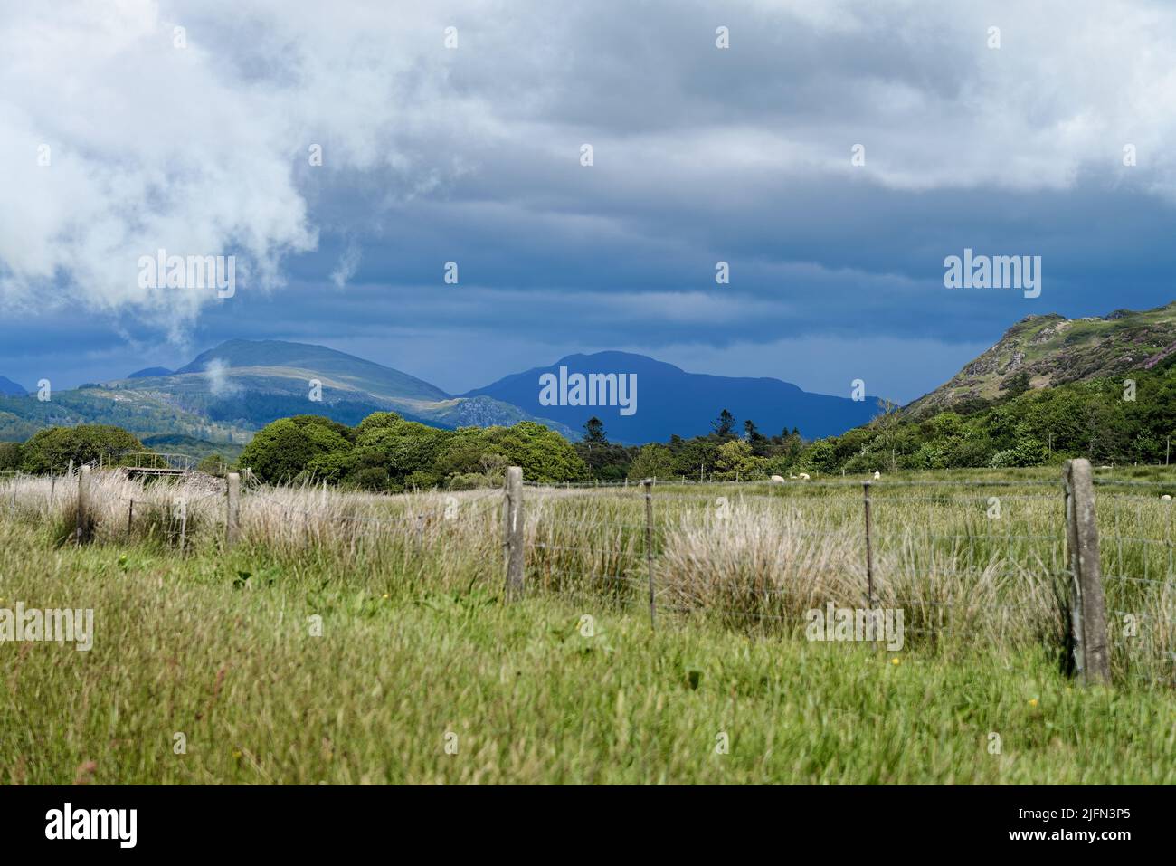 Die Scafell-Gebirgskette mit Sturmwolken dominiert die Skyline von Eskdale an einem Sommertag Lake District Cumbria England Stockfoto