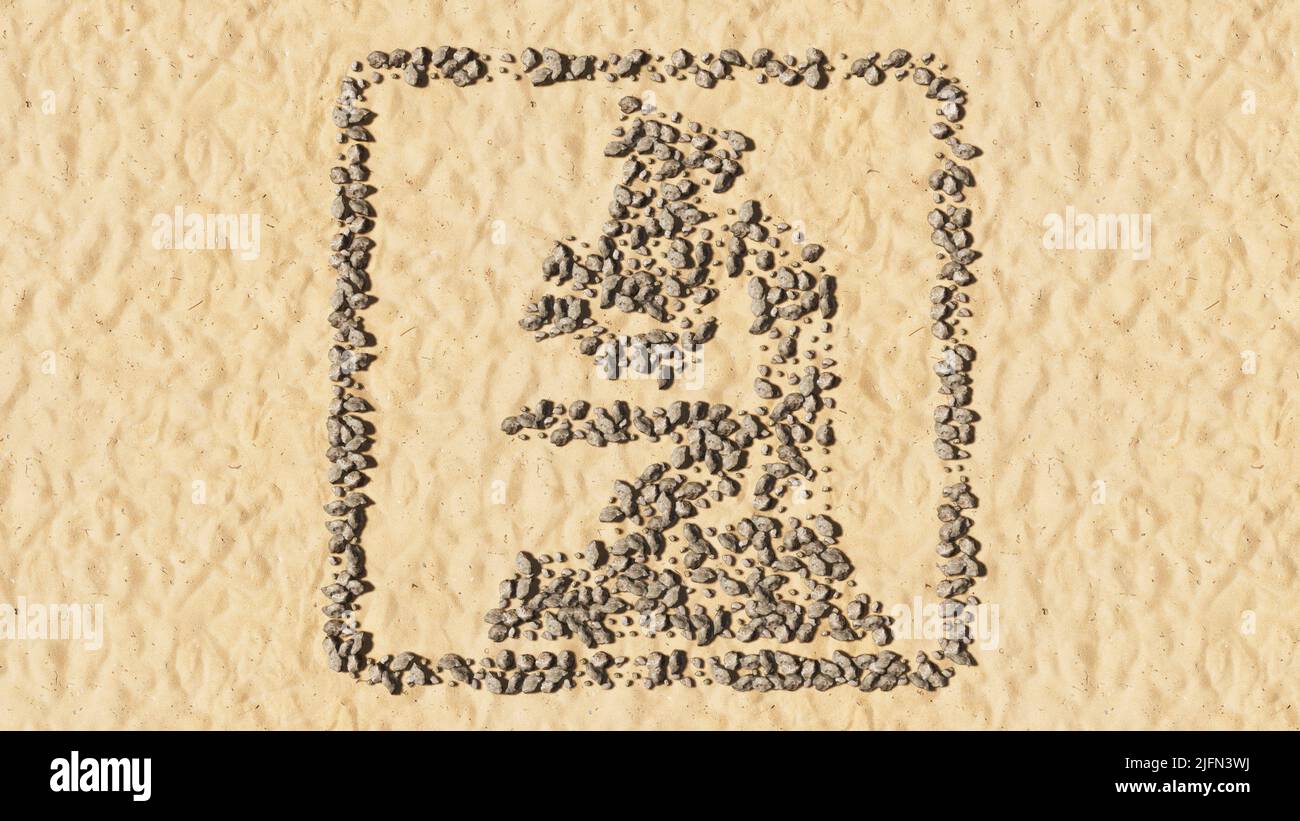 Konzept konzeptuelle Steine am Strand Sand handgemachte Symbolform, goldener sandiger Hintergrund, Mikroskop Zeichen. 3D Illustration Metapher für Medizin Stockfoto