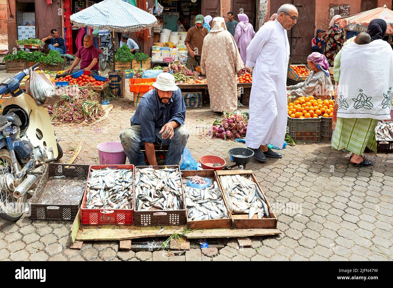 Marokko Marrakesch. Fischhändler in der Medina Stockfoto