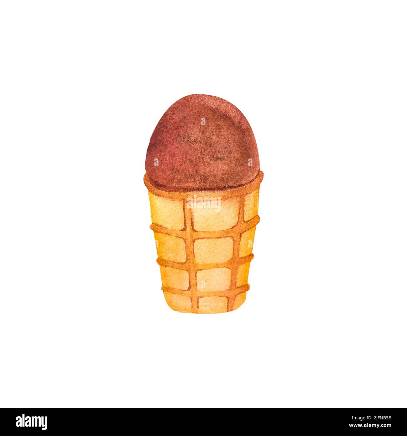 Schokoladeneis in einem Waffelbecher. Sommer Aquarell Illustration, handgezeichnet, isoliert. Perfekt für Kartengestaltung, Einladung, Scrapbooking Stockfoto