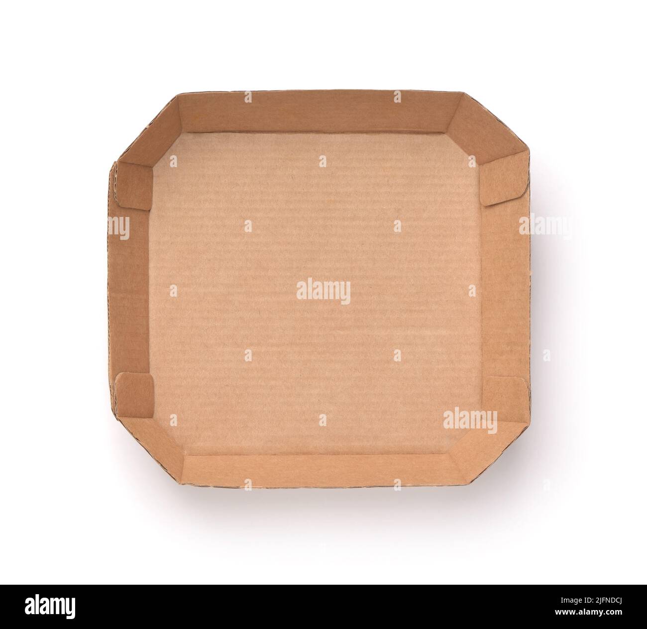 Draufsicht auf leeren braunen Einwegkarton für Lebensmittelverpackungen isoliert auf Weiß Stockfoto