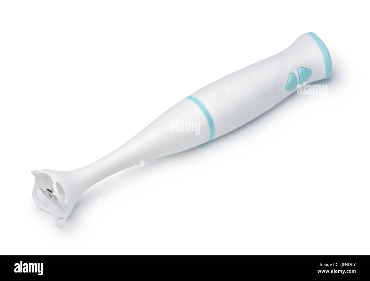 Weißer elektrischer Stabmixer, isoliert auf Weiß Stockfoto