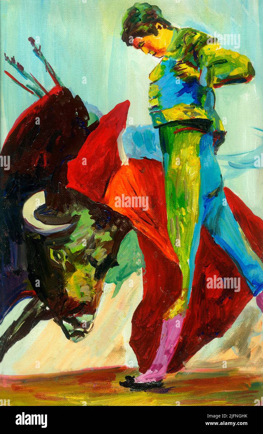 Ein knallfarbenes Gemälde von einem Stier und einem Stierkämpfer Stockfoto