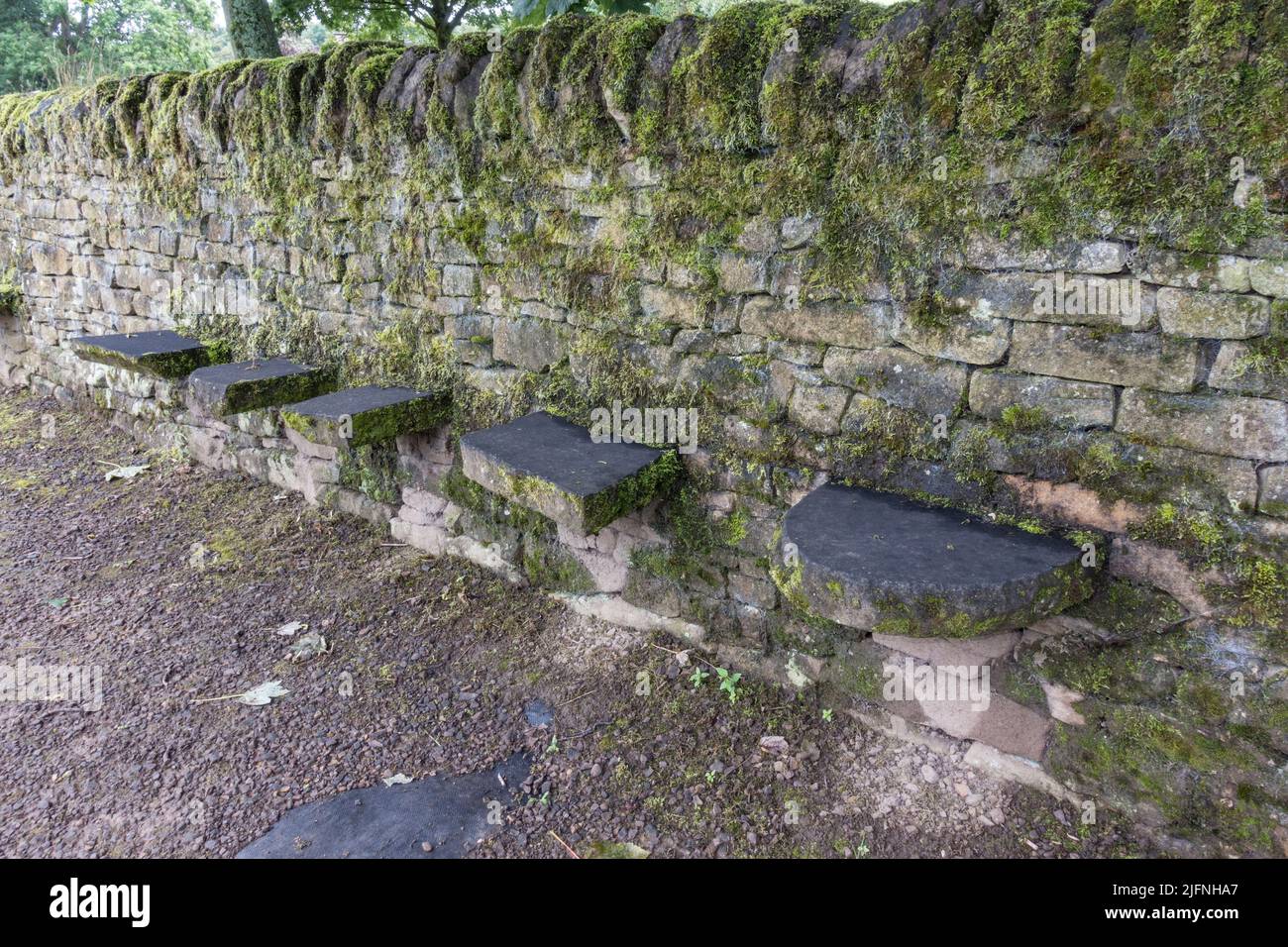 Beispiel einer Feldsteinmauer mit einigen Sitzen, Teil einer Trockensteinmauer, Shibden Park, Halifax, Yorkshire, Großbritannien. Stockfoto
