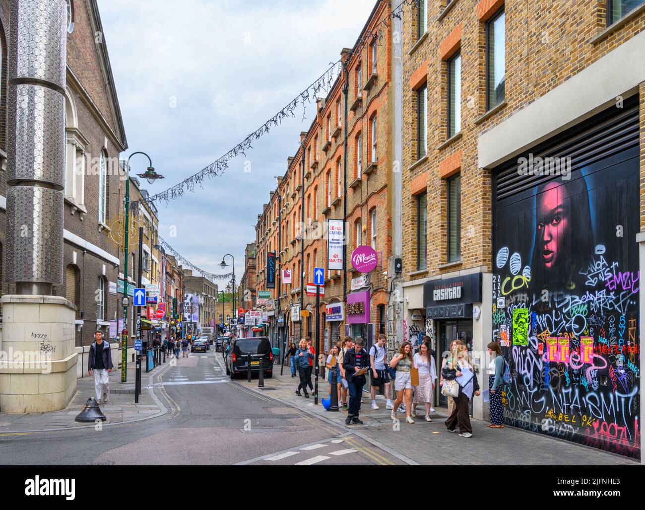 Brick Lane, London. Sehen Sie die berühmte Brick Lane in Tower Hamlets, East End, London, England, Großbritannien Stockfoto
