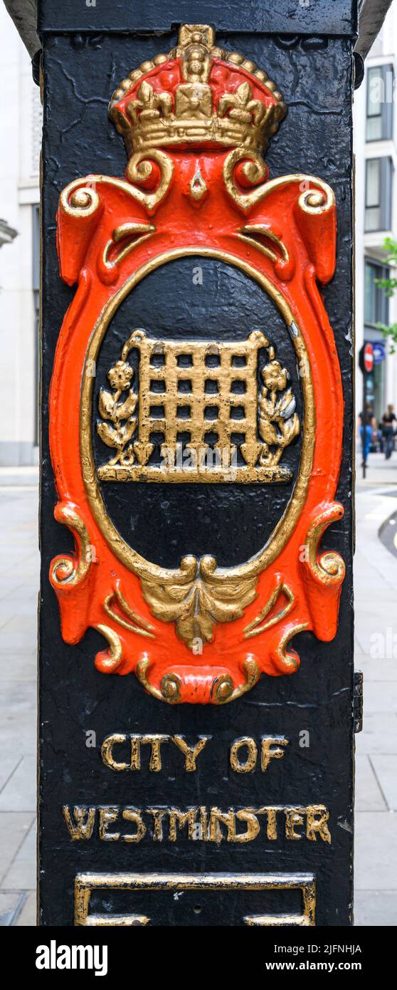 Schild für die City of Westminster, London, England, Großbritannien Stockfoto