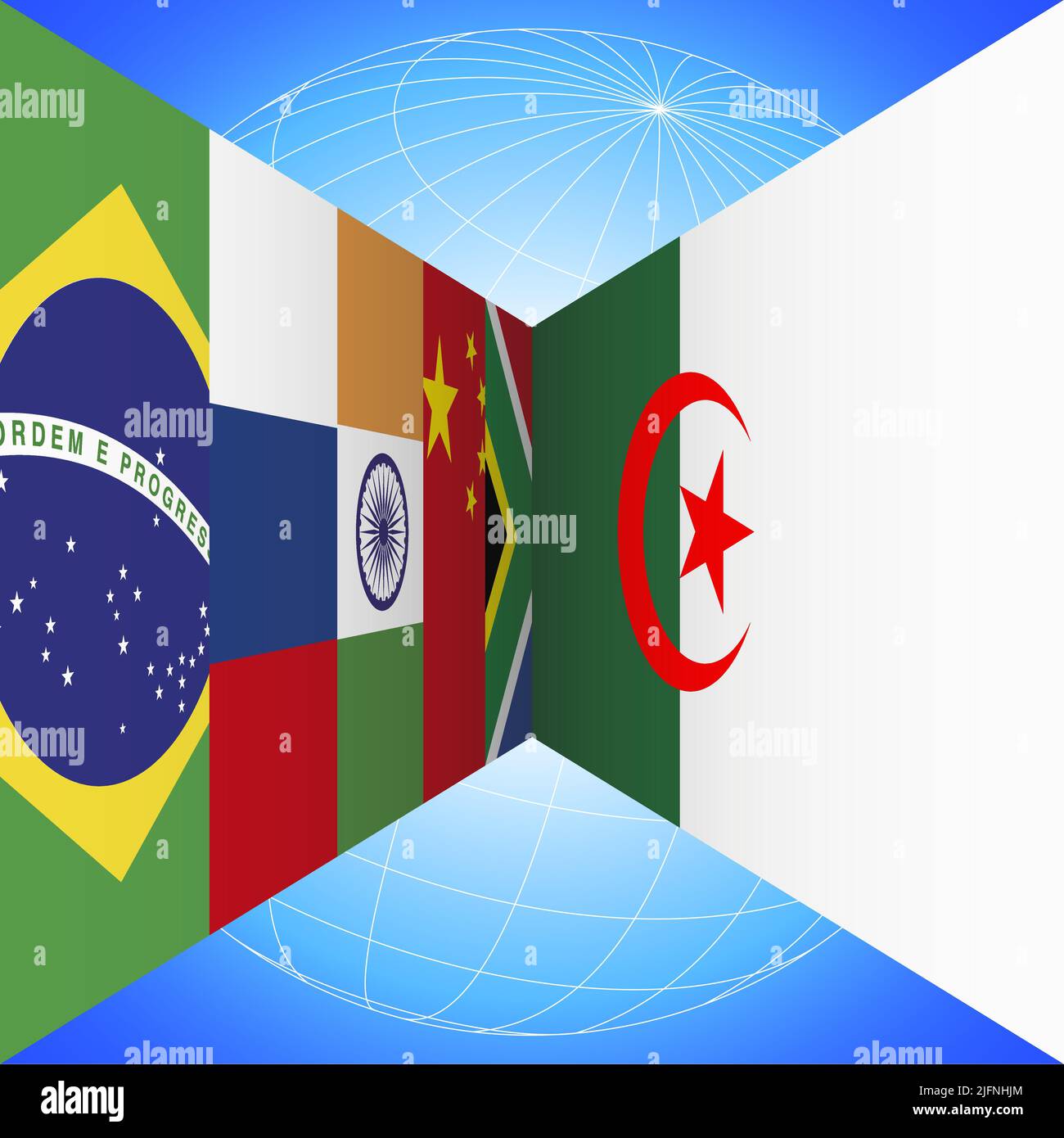 BRICS-Flaggen Länder und Algerien-Flagge mit Erdkugel in Perspektive auf dem blauen Hintergrund, Vektorgrafik Stock Vektor