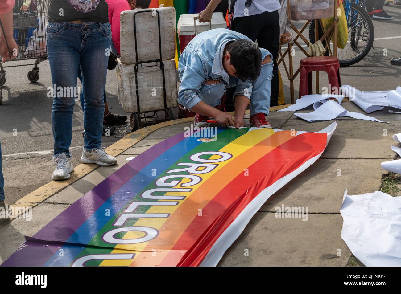 Foto eines jungen Menschen, der an einem Regenbogen-Orgullo oder einer Pride-Flagge für den riesigen jährlichen marsch der Stadt während des Gay Pride Month arbeitet. Es war das Jahr 20. der t Stockfoto