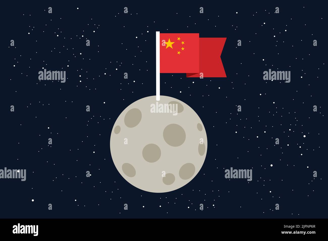 Die Nationalflagge Chinas winkt auf dem Mond - natürlicher Satellit wird von Land zu Land erkundet und kolonisiert. Chinesische Kolonisierung und Erforschung von äußeren en Stockfoto