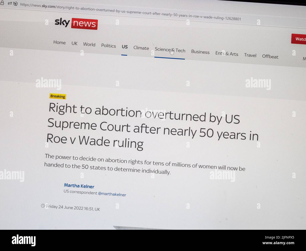 „'Recht auf Abtreibung umgestricht...': Sky News-Website nach Entscheidung des Obersten Gerichtshofs vom 24.. Juni 2022. Stockfoto