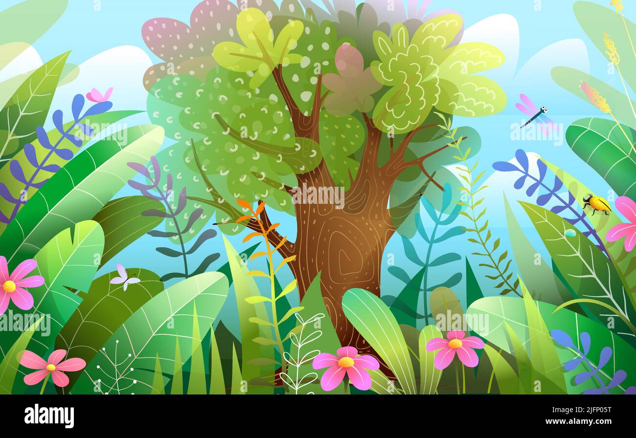 Big Tree in Magic Forest Scenery Kindertapete Stock Vektor