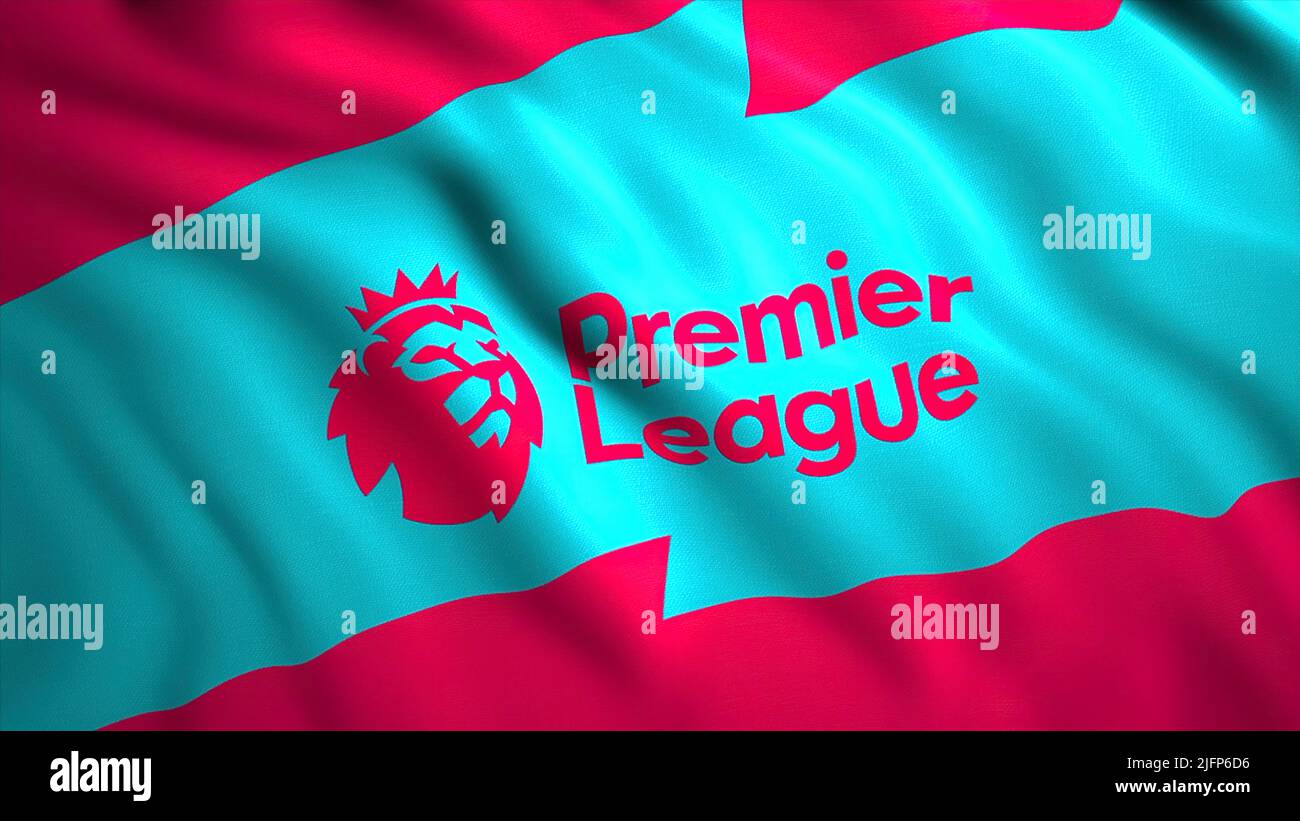 Animation mit farbenfroher Premier League Flagge. Bewegung. Winkende flagge von 3D mit Emblem der Premier Soccer League. Englische Premier League Football Championship Stockfoto