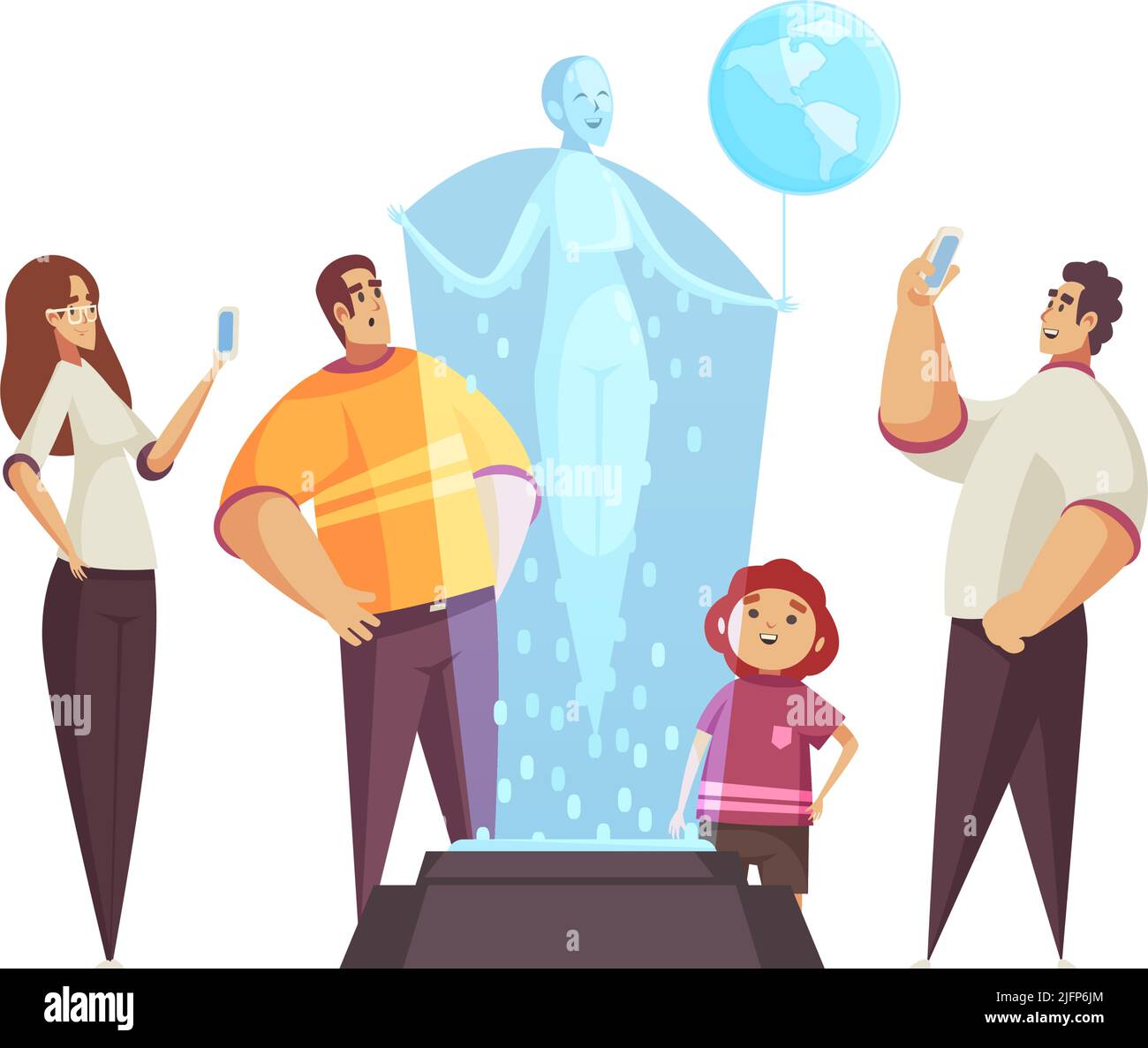 Guide Exkursion Komposition mit Gruppe von Touristen rund um Podium mit holographischen Frau Vektor-Illustration Stock Vektor