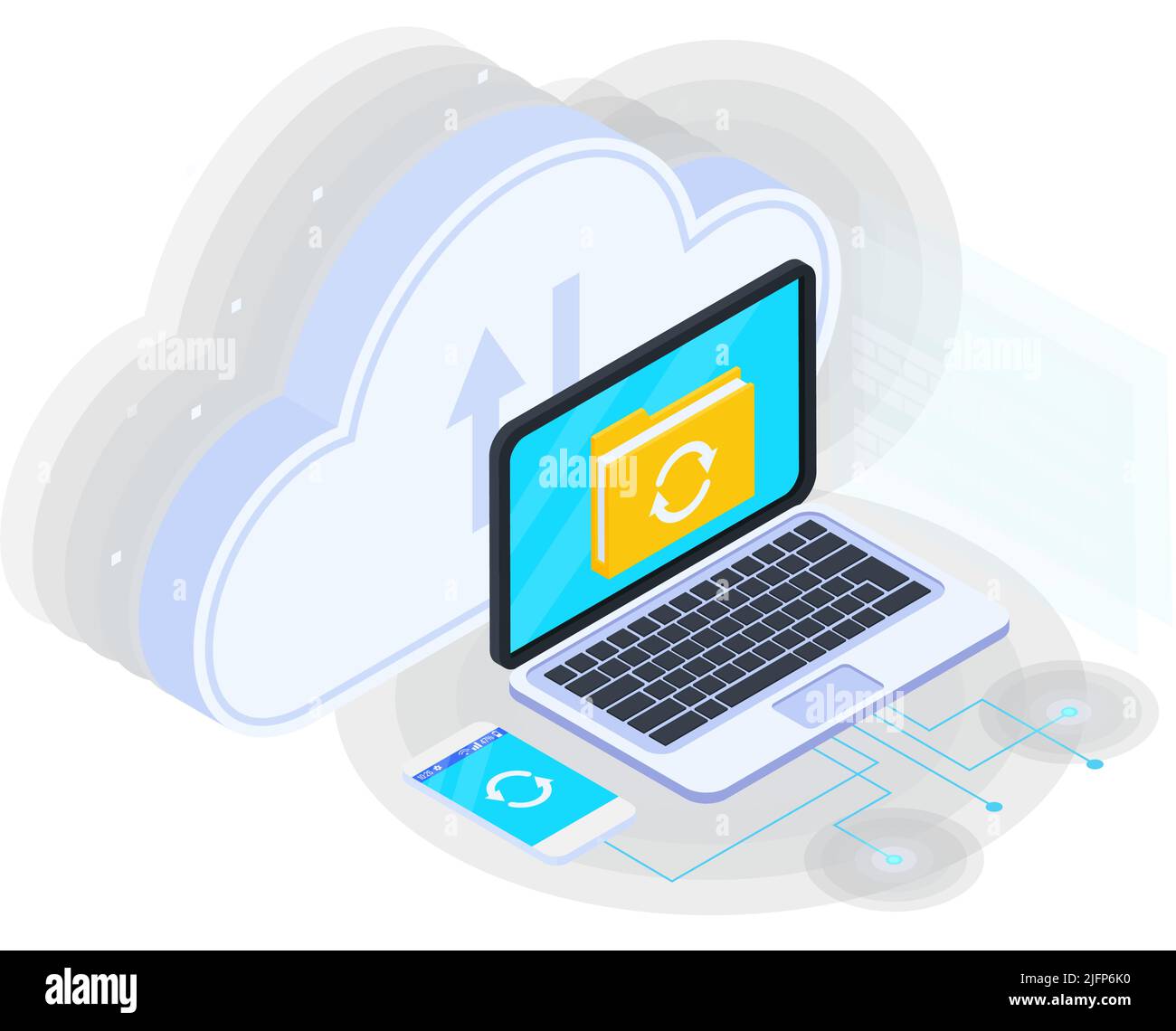 Cloud-Dienste isometrische Zusammensetzung mit Symbolen von Laptop mit Ordner auf dem Bildschirm Sync-Zeichen und Smartphone mit Cloud-Vektor-Illustration Stock Vektor