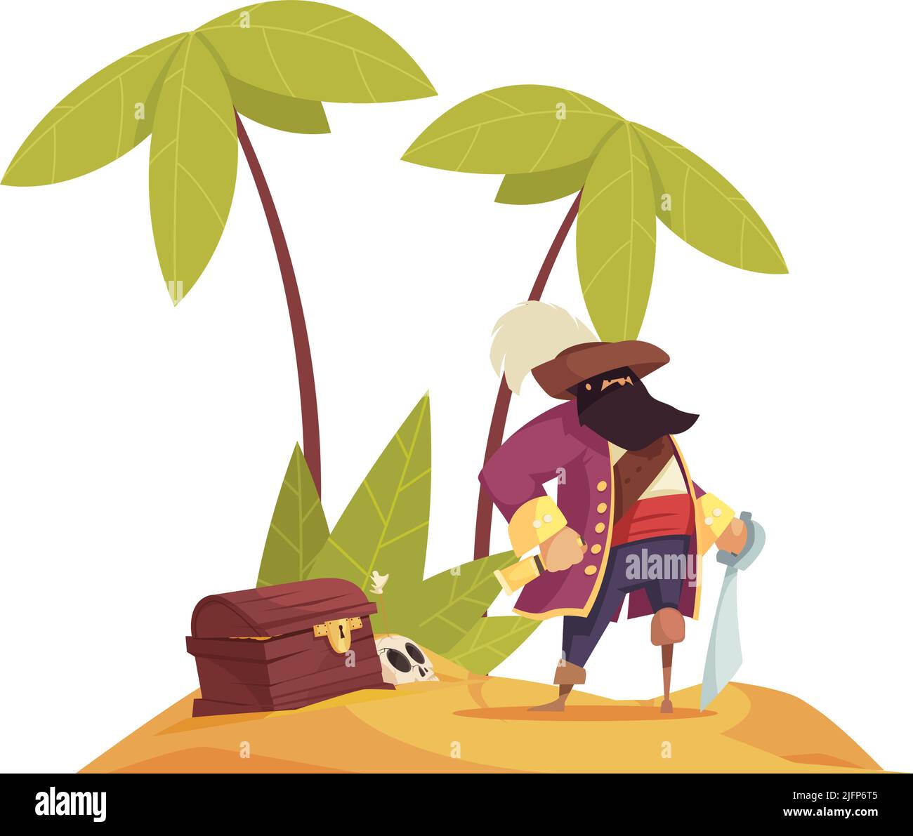 Märchenkomposition mit Charakter des Piraten auf der Wüsteninsel mit Schatztruhe-Vektor-Illustration Stock Vektor
