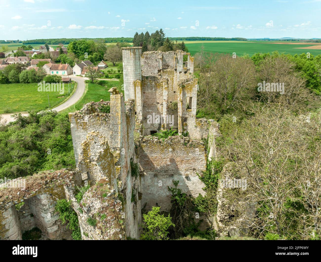 Luftaufnahme der Burg Passy Les Tours, die auf einem Barlong-Plan von etwa 50 m auf jeder Seite errichtet wurde, flankiert von vier runden Türmen und einem Bergfried Stockfoto