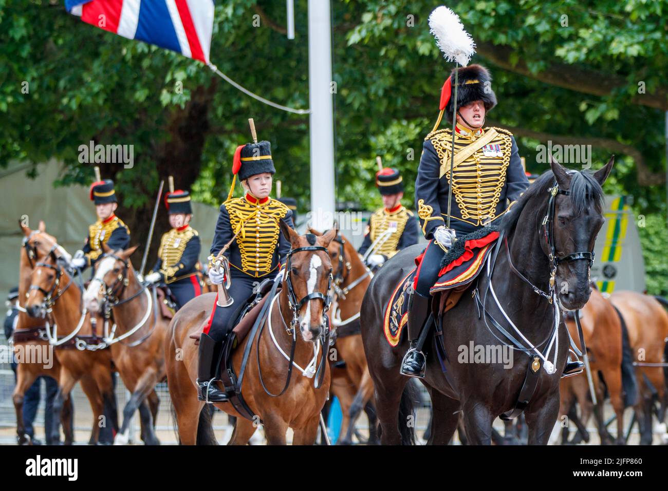 Major, die Königstruppe, Royal Horse Artillery bei Trooping the Color, Colonel’s Review in The Mall, London, England, Stockfoto