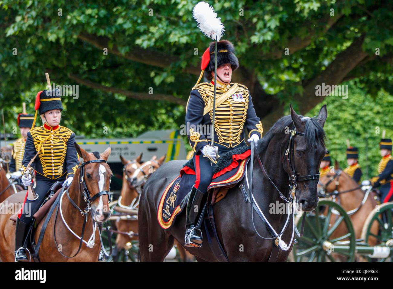 Major, die Königstruppe, Royal Horse Artillery bei Trooping the Color, Colonel’s Review in The Mall, London, England, Stockfoto