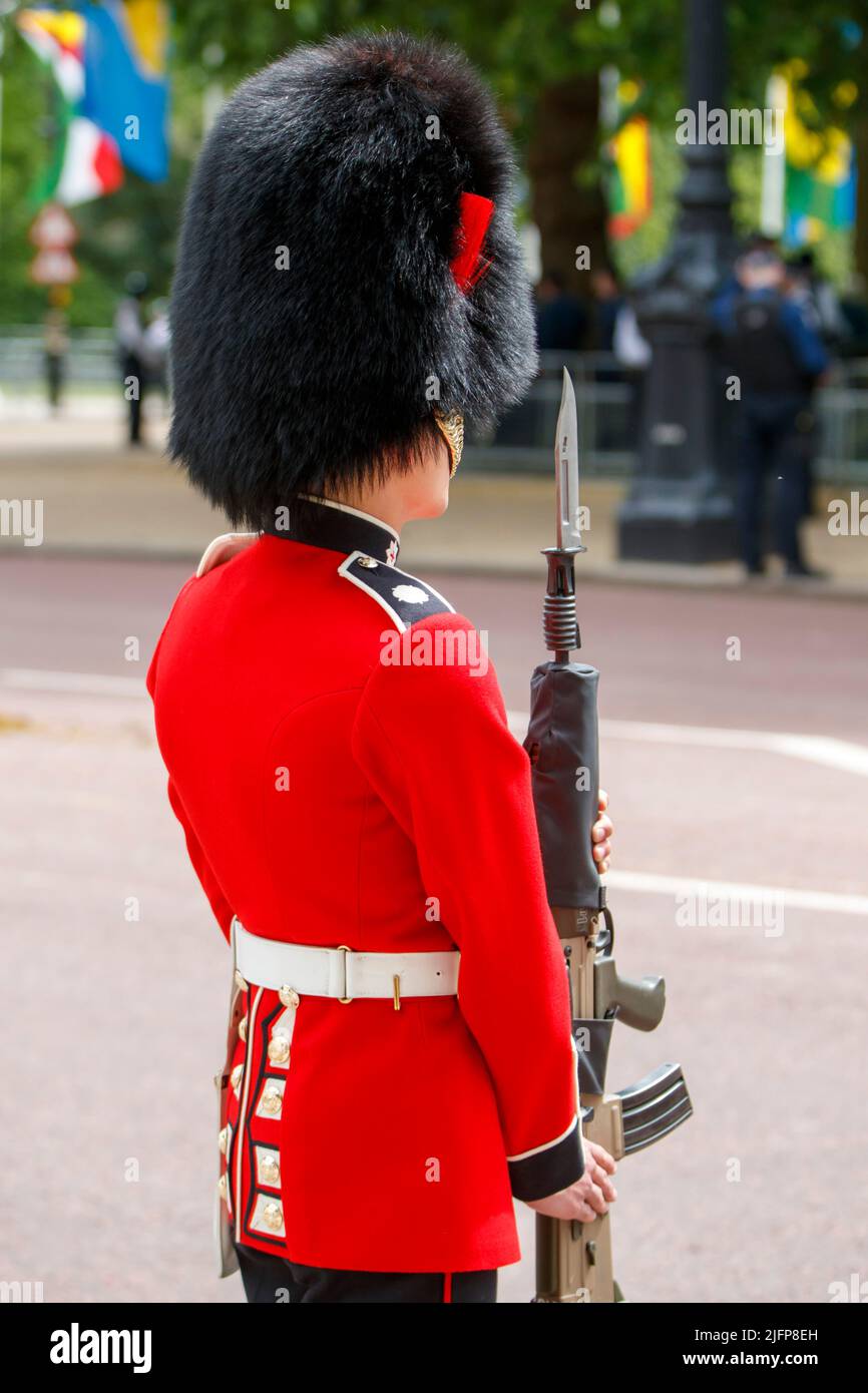 Street Liner Coldstream Guardsman präsentiert Waffen bei Trooping the Color, Colonel’s Review in the Mall, London, England, Vereinigtes Königreich Stockfoto