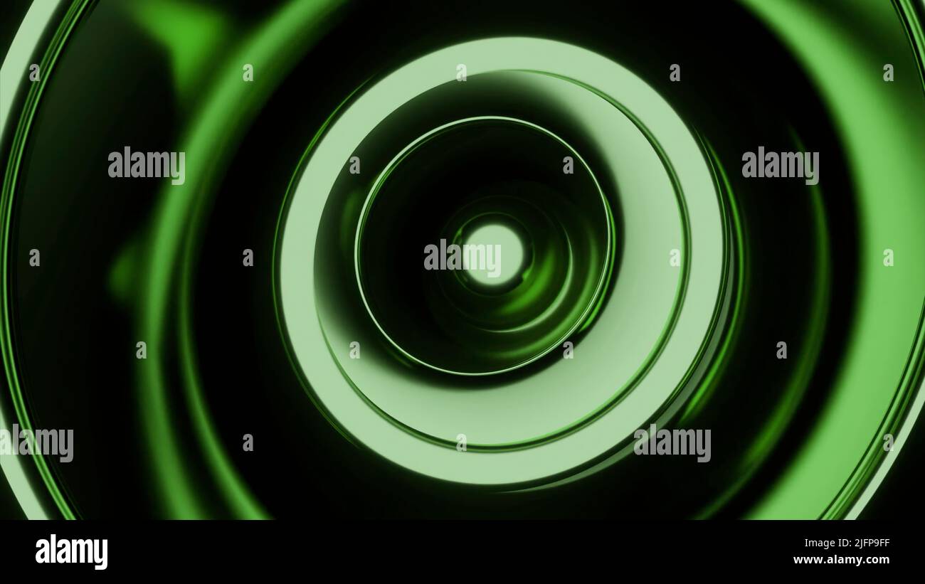 Der grüne Tunnel.Design.Helle Computergrafik, in der eine große Schleife einen Tunnel auf einen grünen Hintergrund dreht. Stockfoto