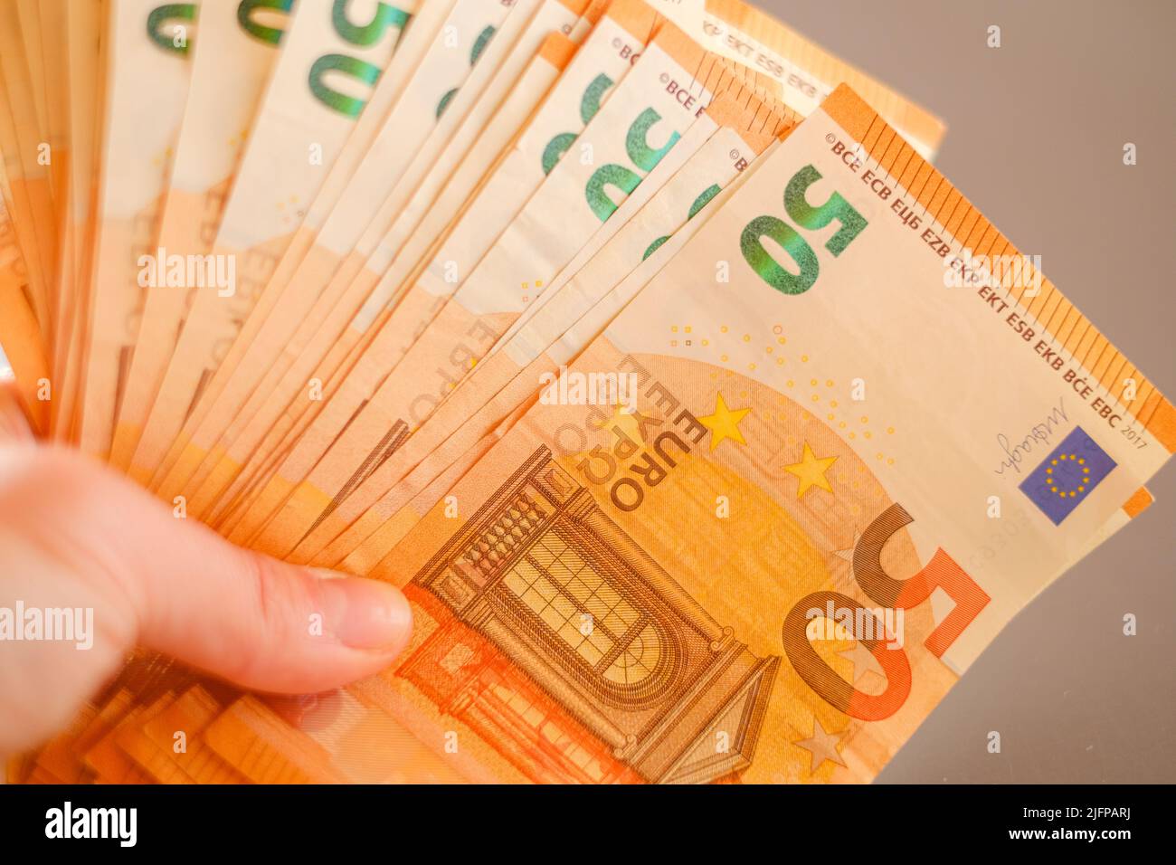 Euro-Banknoten in der Hand.Ausgaben und Einkommen in europäischen Ländern.Euro-Währungskurs.Budgetzuweisung. Stockfoto