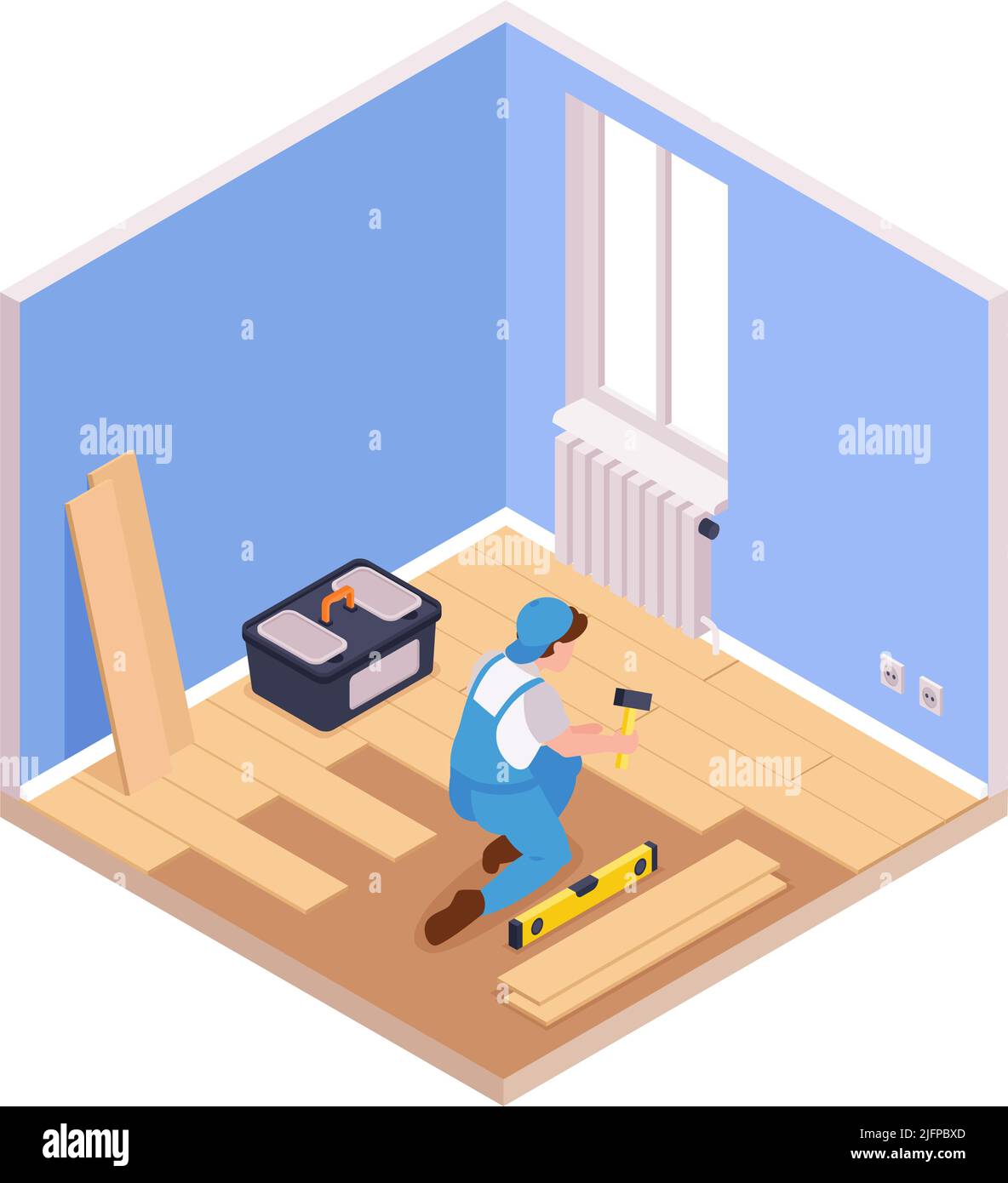 Isometrische Reparaturen Zusammensetzung mit Blick auf das Wohnzimmer mit Charakter der Werkstatt Renovierung Boden Vektor-Illustration Stock Vektor