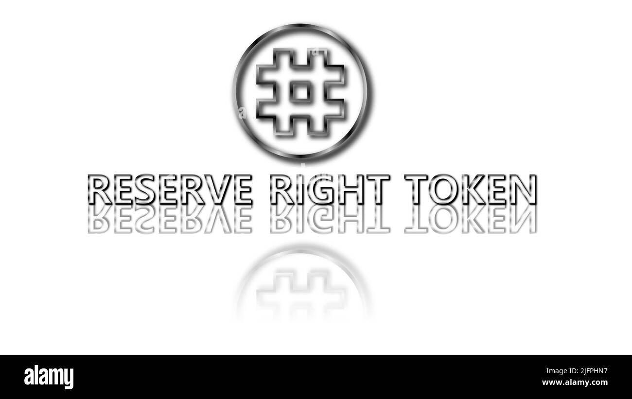 Behalten Sie sich das rechte Metallic-Logo auf weißem Hintergrund mit seiner Reflektion vor. RSR Kryptowährung Logo auf weißem Hintergrund. Reserve right Token Crypto Stockfoto