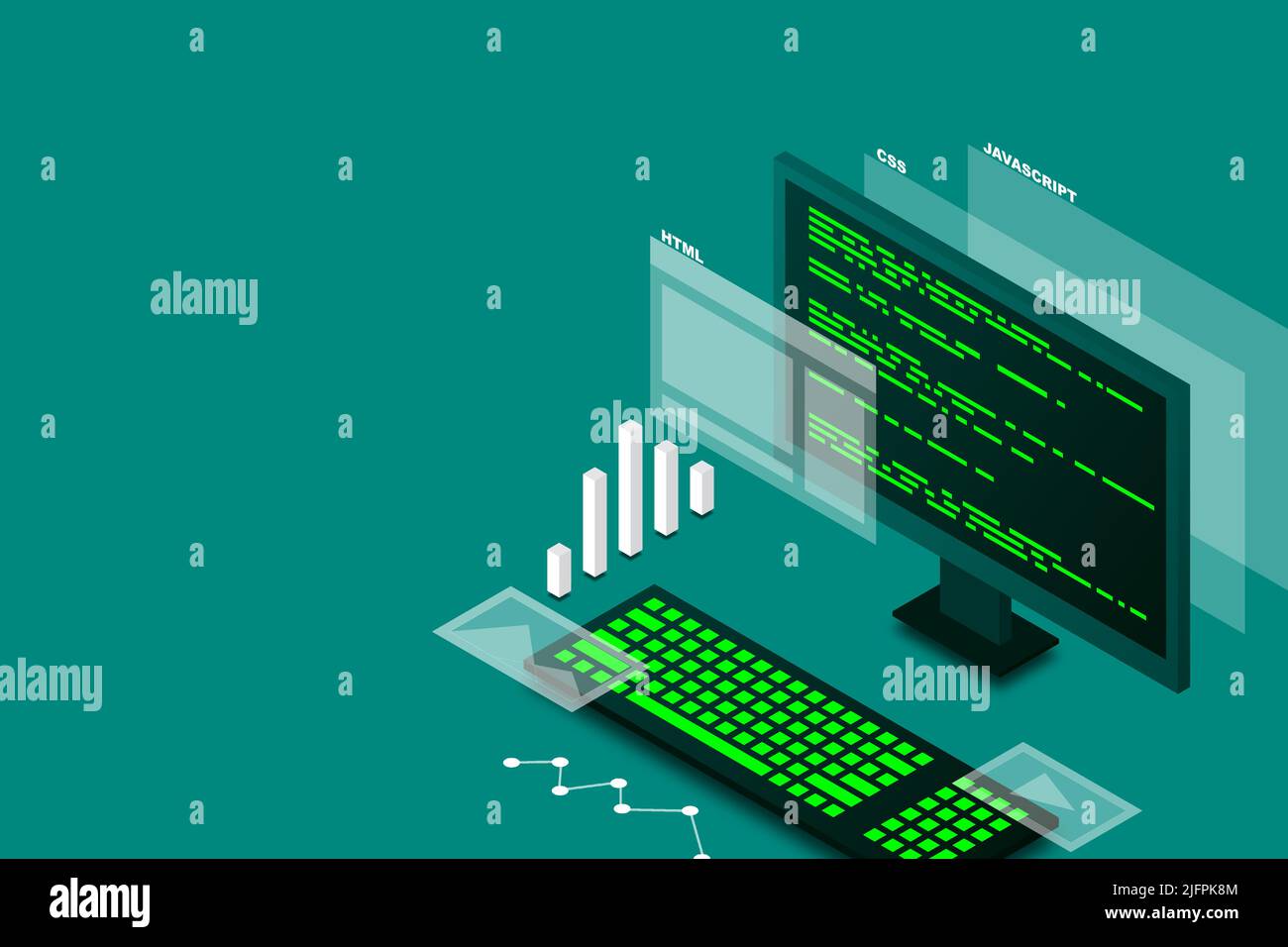 Webdesign und Entwicklung, Computerprogrammierung, isometrische Technologie, Programmierarbeit, Webprogrammierung, isometrische Vektordarstellung. Stock Vektor