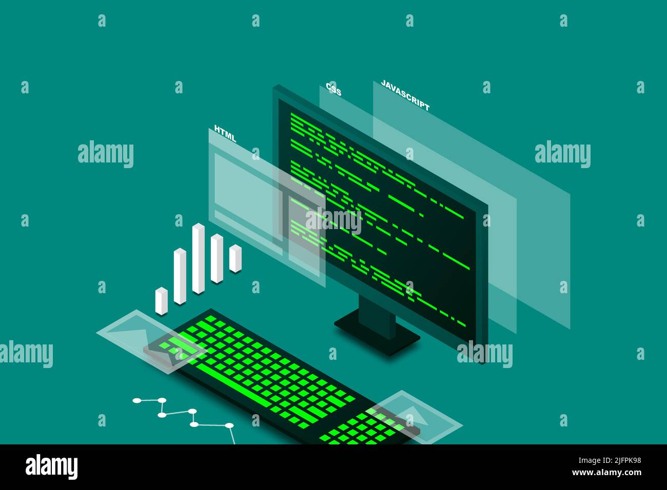 Webdesign und Entwicklung, Computerprogrammierung, isometrische Technologie, Programmierarbeit, Webprogrammierung, isometrische Vektordarstellung. Stock Vektor