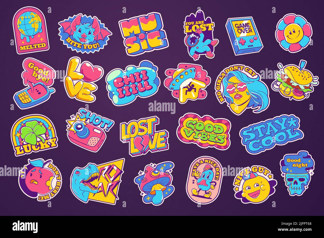 Trendige Retro Aufkleber und Abzeichen ufo, Kleeblatt, Blume, Pilz, Herz, Kamera, Dinosaurier, Astronaut und Mädchen. Zeitgenössische Comic-Patches oder Abzeichen Hamburger, Globus, Fledermaus, Schädel, Apfel Cartoon-Vektor-Set Stock Vektor