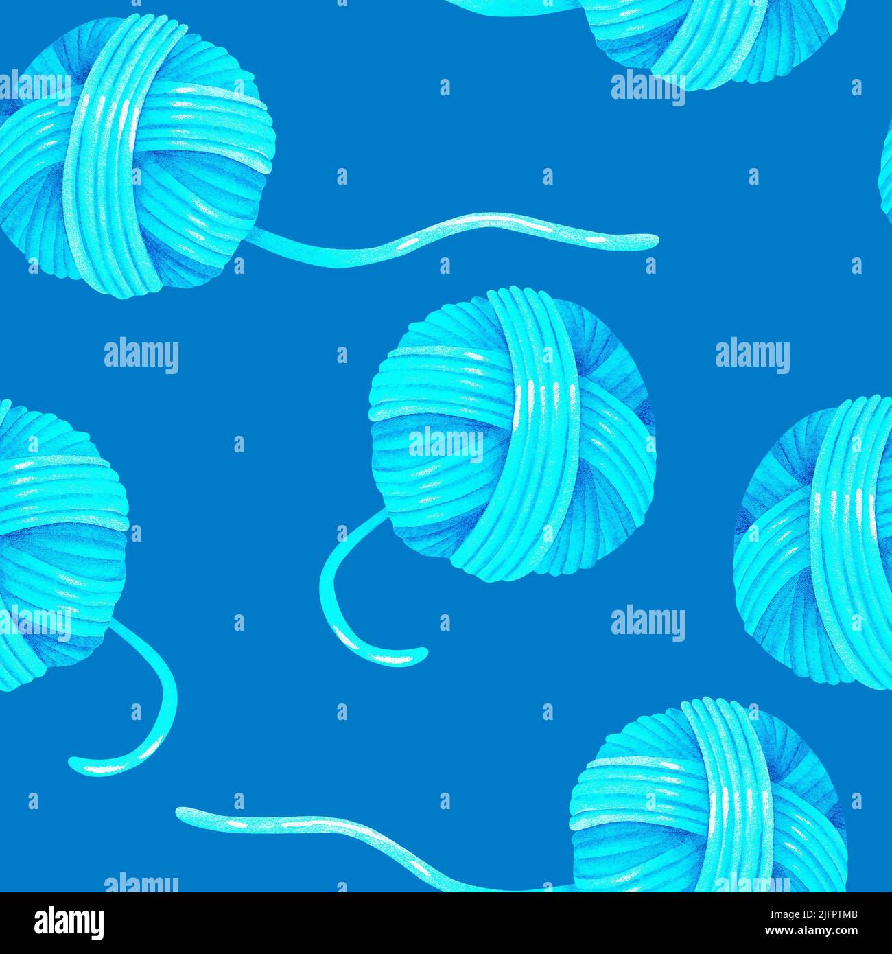 Garnknäuel. Nahtloses Muster. Aquarelldarstellung. Isoliert auf blauem Hintergrund. Für Ihr Design Grußkarten, Geschenkverpackung, Aktionen. Stockfoto