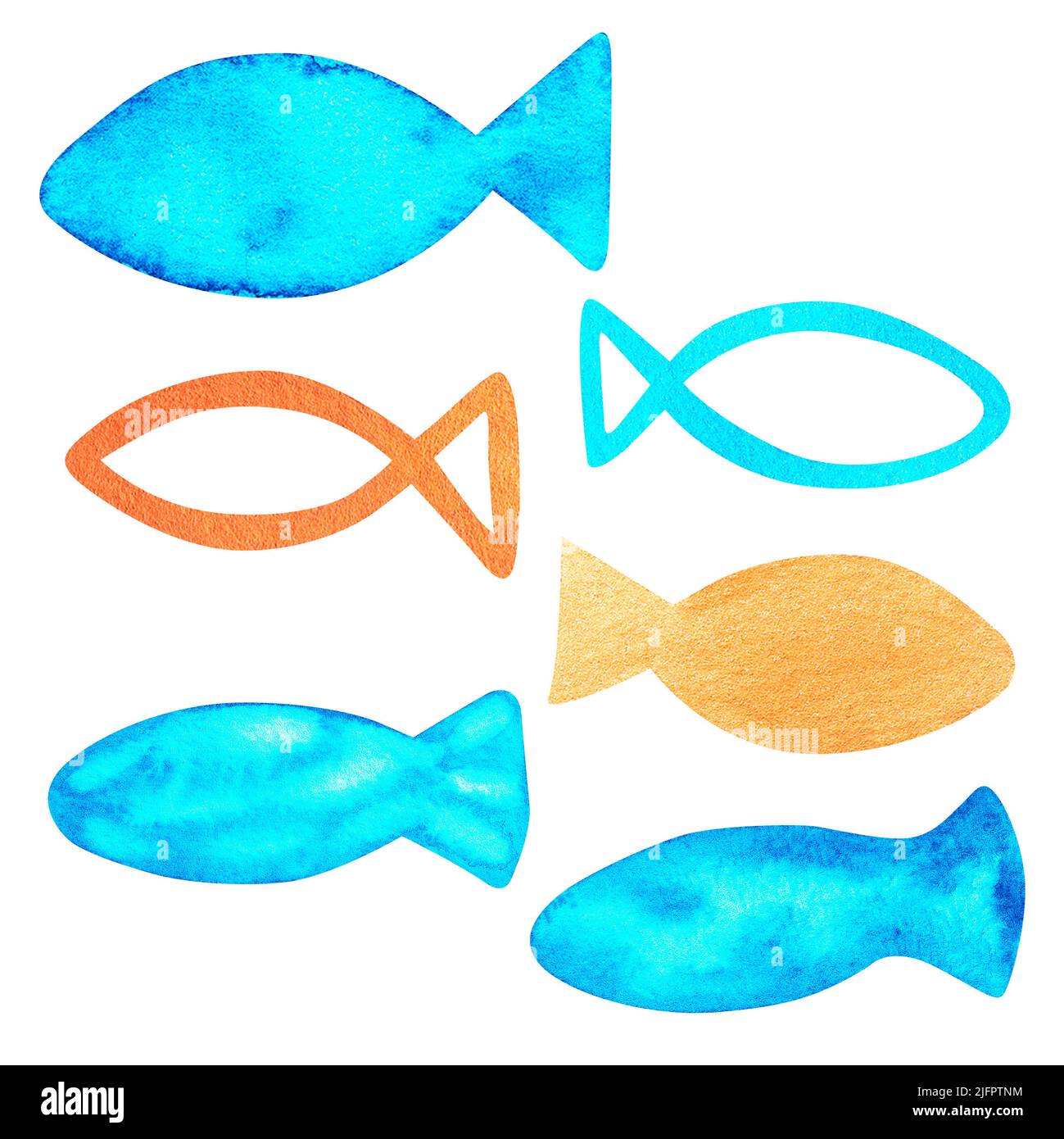 Eine einfache Reihe von Fischen. Katzenfutter. Aquarelldarstellung. Isoliert auf weißem Hintergrund. Für Ihre Design-Aufkleber, Tierprodukte und Tierfutter. Stockfoto