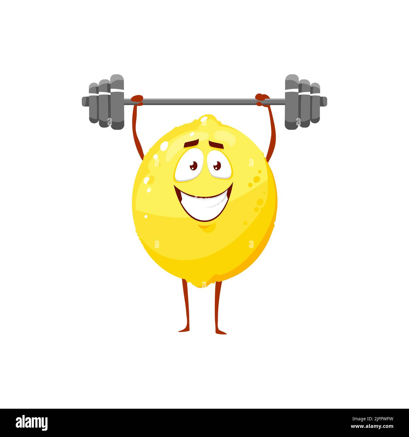 Cartoon Lemon Workout mit Langhantel, Obstsportler Vektor-Symbol, lustige Charakter Sport-Übungen mit Gewicht isoliert auf weißem Hintergrund. Gesundes Essen, sportlicher Lebensstil, Bio-Ernährung Symbol Stock Vektor