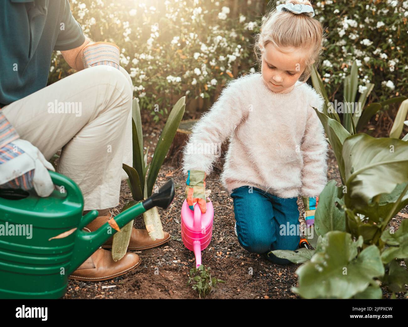 Garten, als ob Sie für immer leben werden. Aufnahme eines entzückenden kleinen Mädchens, das mit ihrem Großvater im Garten arbeitet. Stockfoto