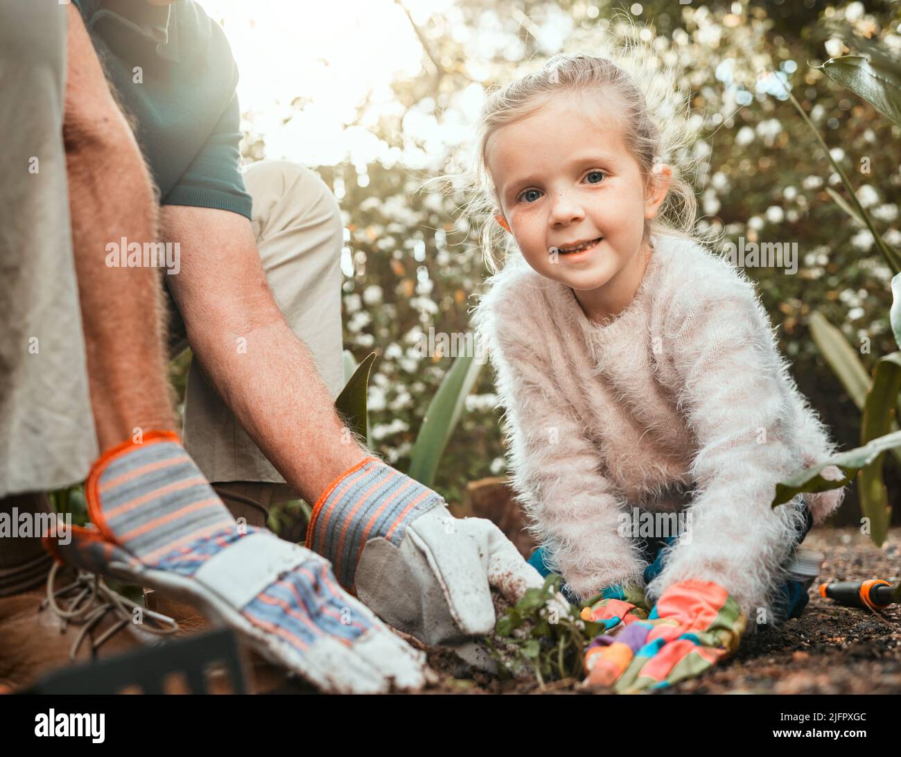 Die Liebe zum Gartenbau. Aufnahme eines entzückenden kleinen Mädchens, das mit ihrem Großvater im Garten arbeitet. Stockfoto