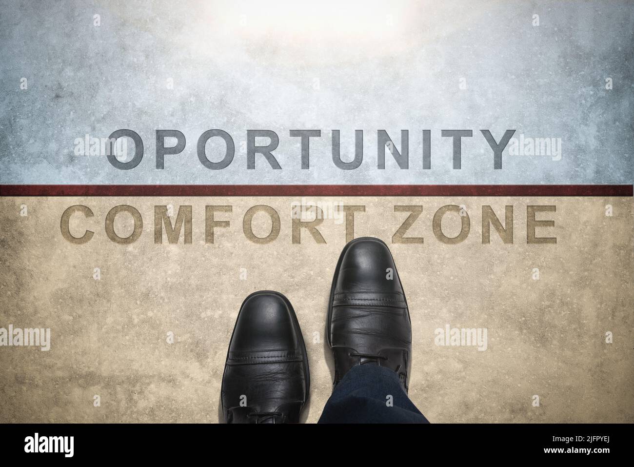 Comfort Zone Konzept. Neue Möglichkeiten beim Verlassen der Comfort Zone. Raus aus der Comfort Zone Holen Sie sich Zugang zum Opportunity Konzept Stockfoto