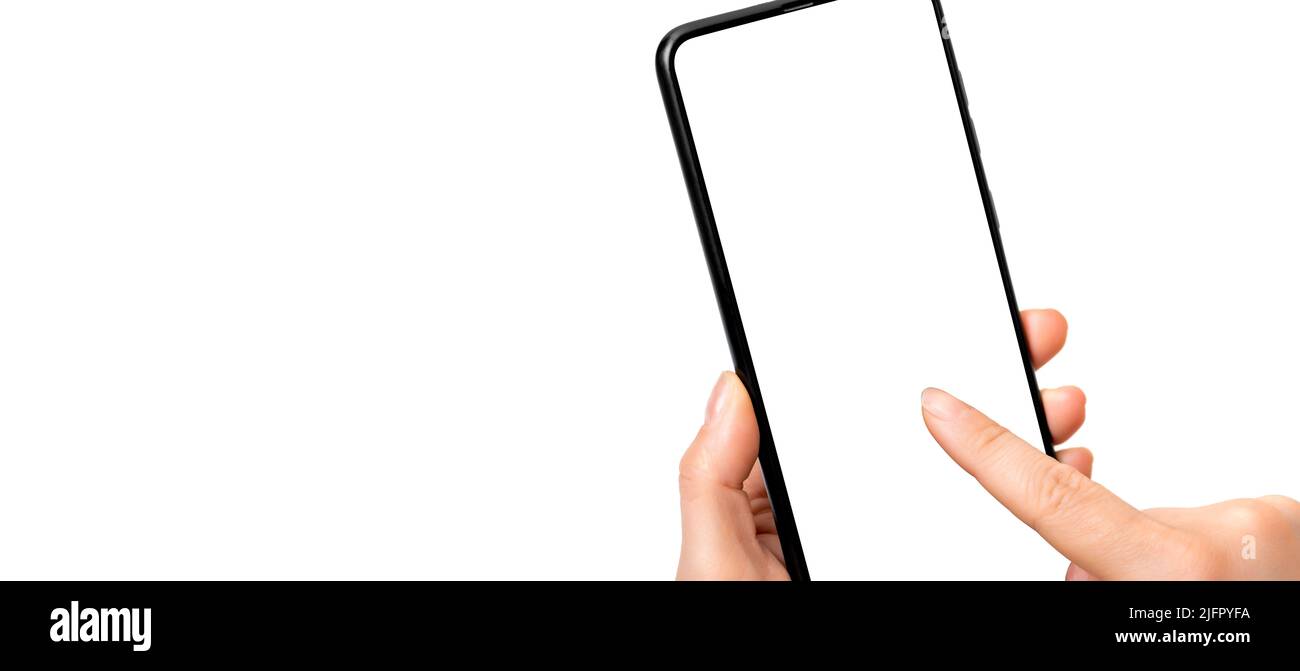 Handy-Modell. Abgeschnittene Aufnahme Draufsicht der Frau Hände mit Smartphone-Mockup auf weißem Hintergrund. Nahaufnahme Modell Telefon Stockfoto